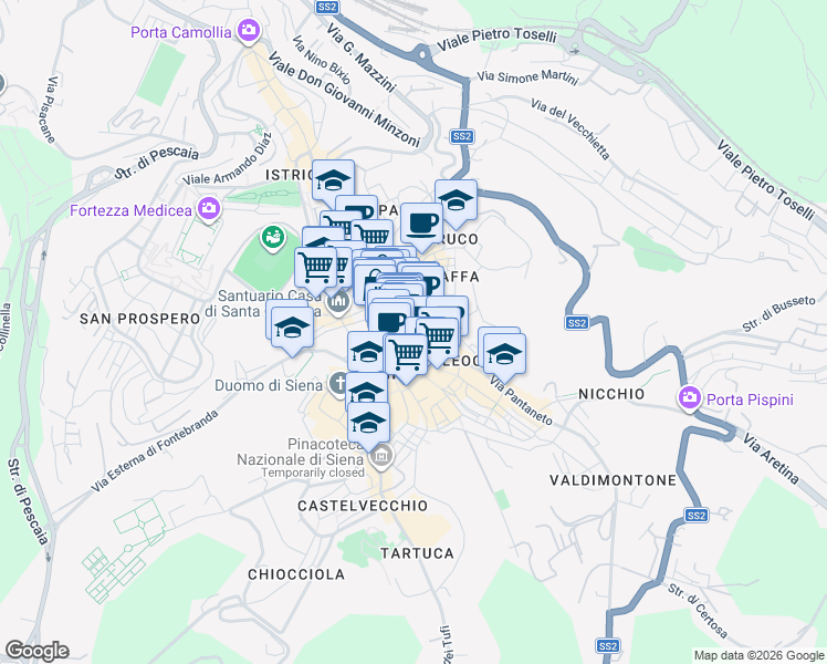 map of restaurants, bars, coffee shops, grocery stores, and more near 16 Via Banchi di Sopra in Siena