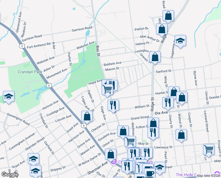 map of restaurants, bars, coffee shops, grocery stores, and more near 167 Bay Street in Glens Falls