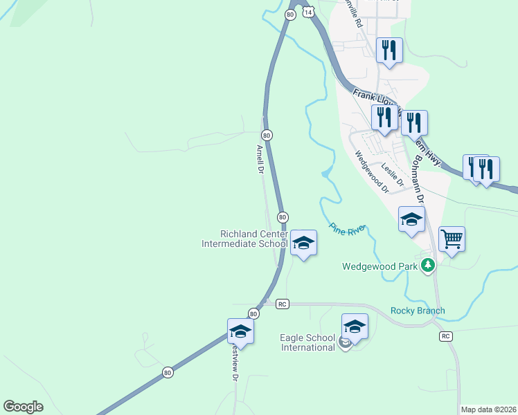 map of restaurants, bars, coffee shops, grocery stores, and more near 26200 Arnell Drive in Richland Center