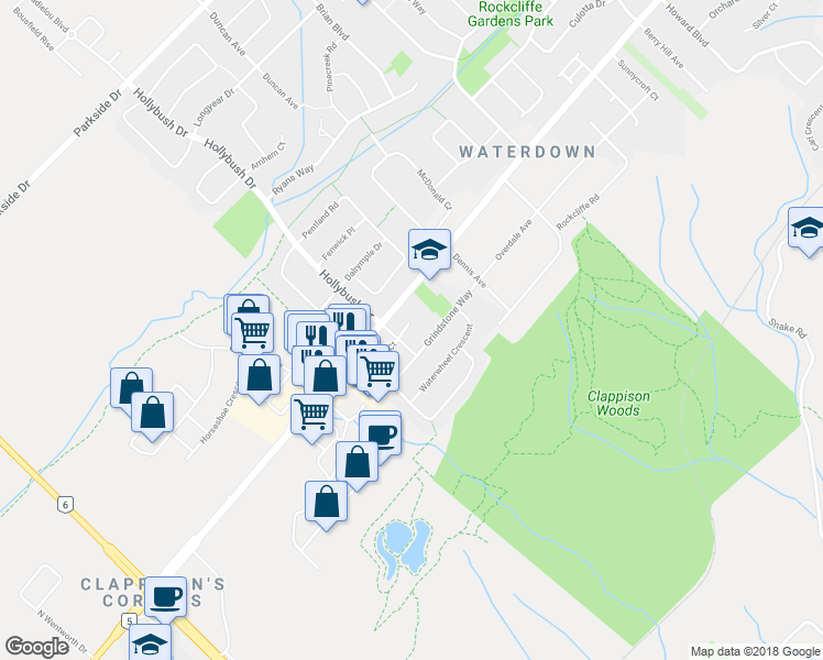 map of restaurants, bars, coffee shops, grocery stores, and more near 10 Newell Court in Hamilton