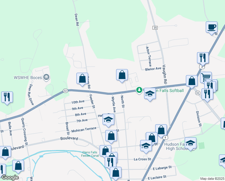 map of restaurants, bars, coffee shops, grocery stores, and more near 1147 Dix Avenue in Hudson Falls