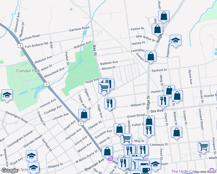 map of restaurants, bars, coffee shops, grocery stores, and more near 167 Bay Street in Glens Falls