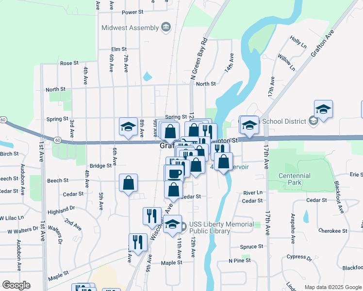 map of restaurants, bars, coffee shops, grocery stores, and more near 1106 Washington Street in Grafton