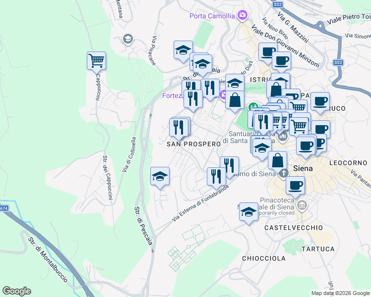 map of restaurants, bars, coffee shops, grocery stores, and more near 15 Viale Corridoni in Siena