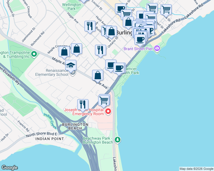 map of restaurants, bars, coffee shops, grocery stores, and more near 421 Maple Avenue in Burlington