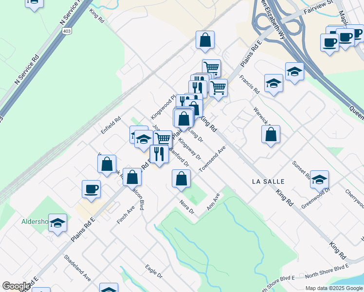 map of restaurants, bars, coffee shops, grocery stores, and more near 978 Kingsway Drive in Burlington
