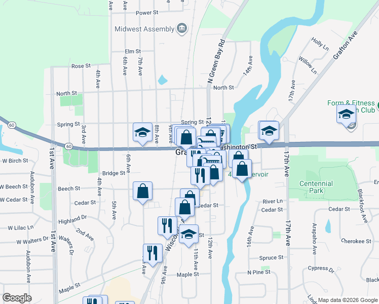 map of restaurants, bars, coffee shops, grocery stores, and more near in Grafton