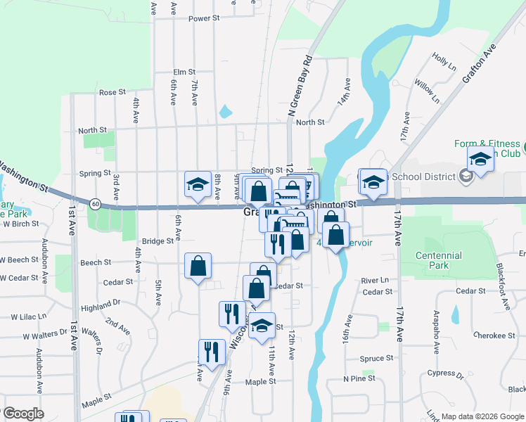 map of restaurants, bars, coffee shops, grocery stores, and more near in Grafton