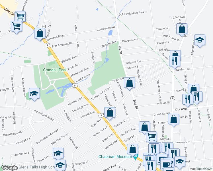 map of restaurants, bars, coffee shops, grocery stores, and more near 36 Thomson Avenue in Glens Falls