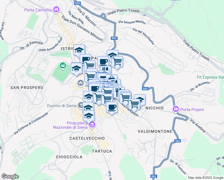 map of restaurants, bars, coffee shops, grocery stores, and more near 41 Via Bandini Sallustio in Siena