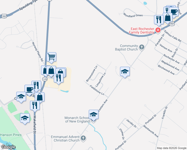map of restaurants, bars, coffee shops, grocery stores, and more near 18 Brownstone Lane in Rochester