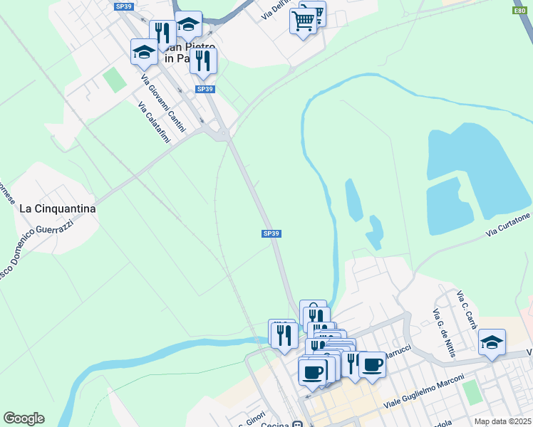 map of restaurants, bars, coffee shops, grocery stores, and more near Via Aurelia Nord in Cecina