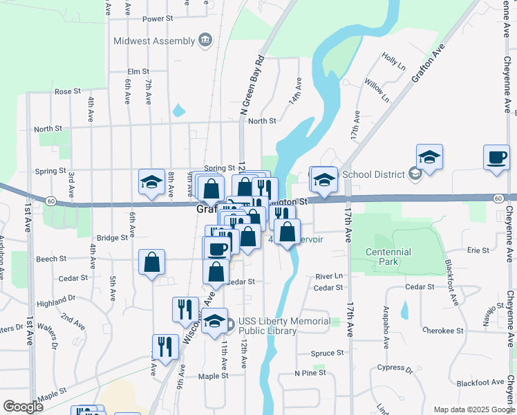map of restaurants, bars, coffee shops, grocery stores, and more near 1239 Washington Street in Grafton