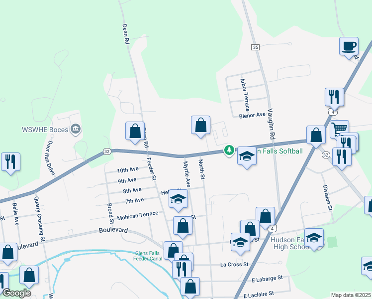 map of restaurants, bars, coffee shops, grocery stores, and more near 1147 Dix Avenue in Hudson Falls