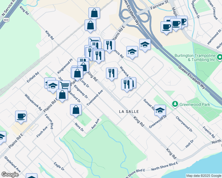 map of restaurants, bars, coffee shops, grocery stores, and more near 611 Surrey Lane in Burlington