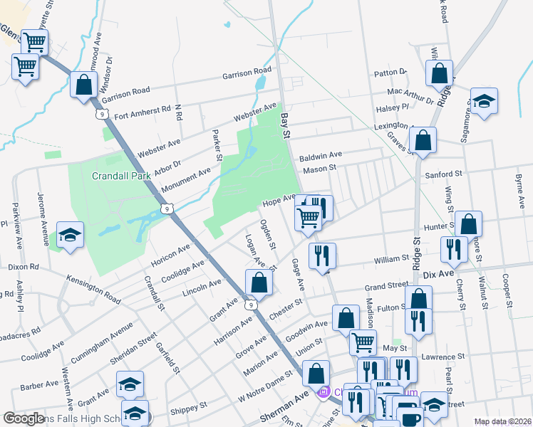 map of restaurants, bars, coffee shops, grocery stores, and more near 38 Ogden Street in Glens Falls