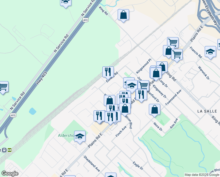 map of restaurants, bars, coffee shops, grocery stores, and more near 458 Springbank Crescent in Burlington