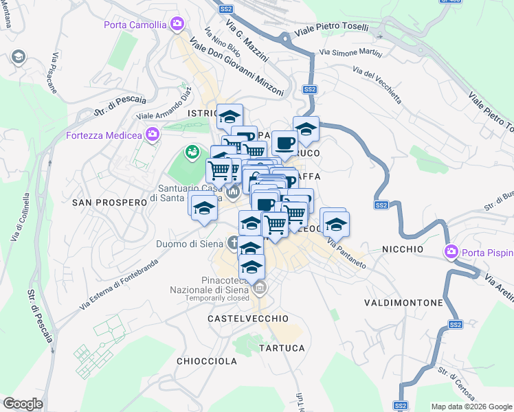 map of restaurants, bars, coffee shops, grocery stores, and more near 16 Via Banchi di Sopra in Siena