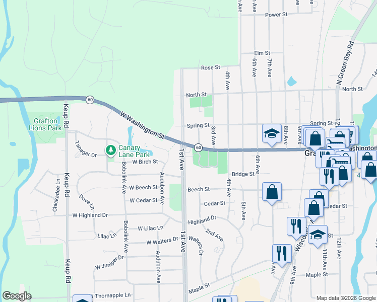 map of restaurants, bars, coffee shops, grocery stores, and more near 1202 1st Avenue in Grafton