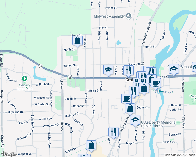 map of restaurants, bars, coffee shops, grocery stores, and more near Washington Street in Grafton