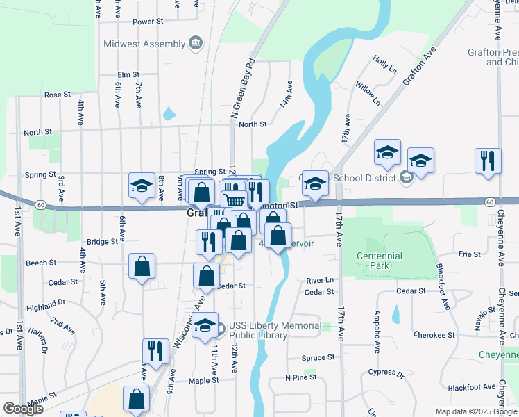 map of restaurants, bars, coffee shops, grocery stores, and more near 1385 Washington Street in Grafton