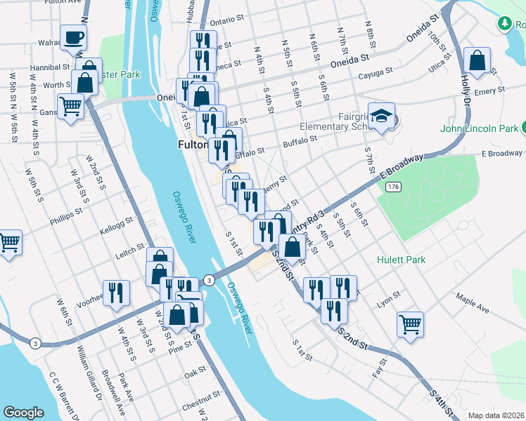 map of restaurants, bars, coffee shops, grocery stores, and more near 212 South 3rd Street in Fulton