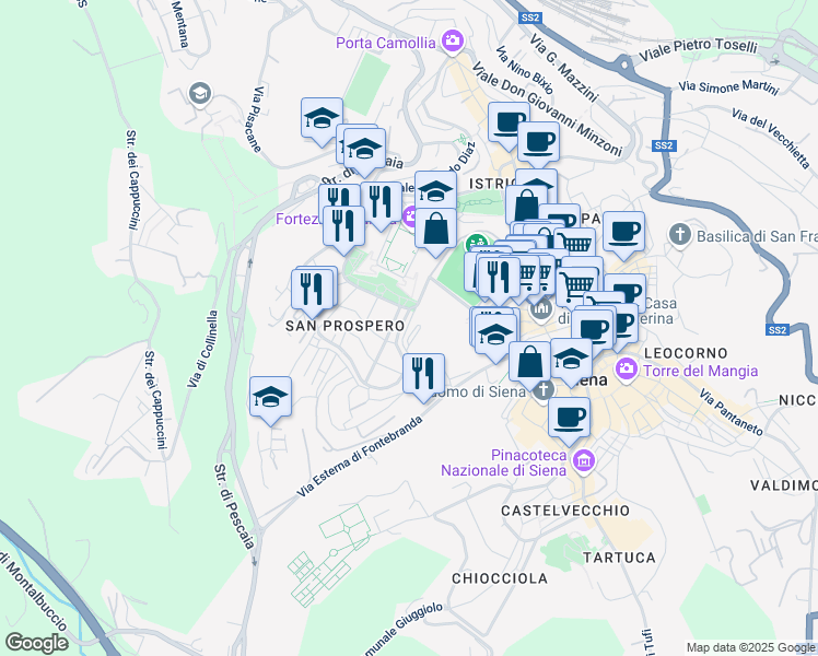 map of restaurants, bars, coffee shops, grocery stores, and more near 2 Via Bruno Bonci in Siena