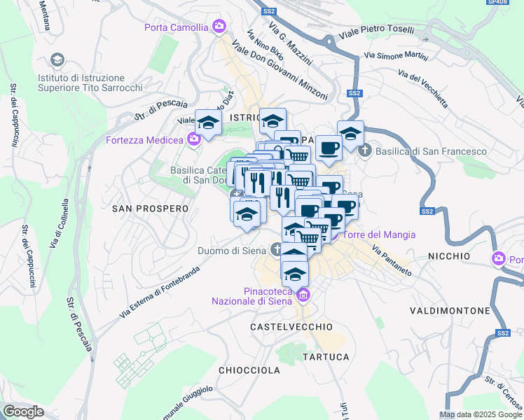 map of restaurants, bars, coffee shops, grocery stores, and more near 39 Via Camporegio in Siena