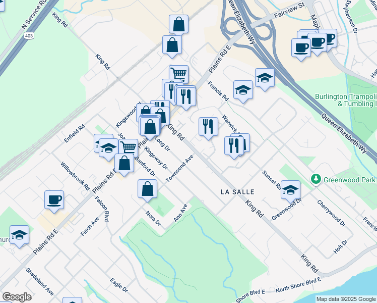map of restaurants, bars, coffee shops, grocery stores, and more near 928 King Road in Burlington