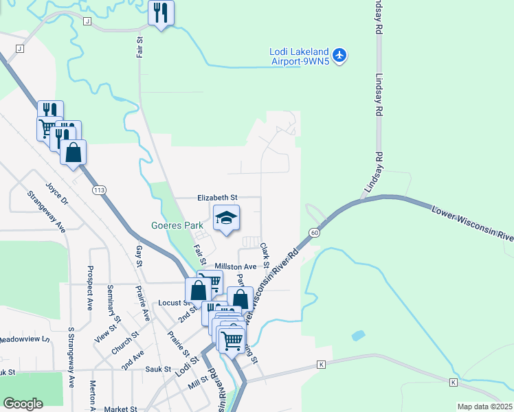 map of restaurants, bars, coffee shops, grocery stores, and more near 375 Clark Street in Lodi