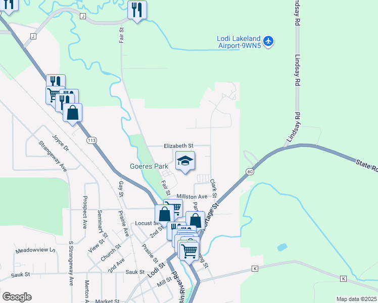 map of restaurants, bars, coffee shops, grocery stores, and more near 322 Elizabeth Street in Lodi