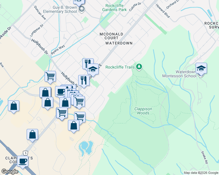 map of restaurants, bars, coffee shops, grocery stores, and more near 50 Waterwheel Crescent in Hamilton