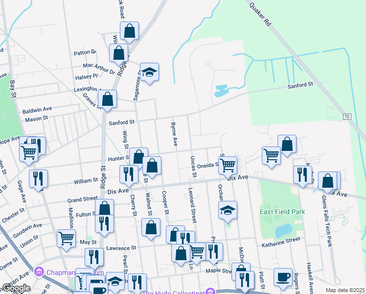 map of restaurants, bars, coffee shops, grocery stores, and more near 126 Hunter St in Glens Falls