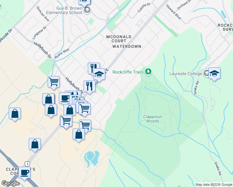 map of restaurants, bars, coffee shops, grocery stores, and more near 50 Waterwheel Crescent in Hamilton