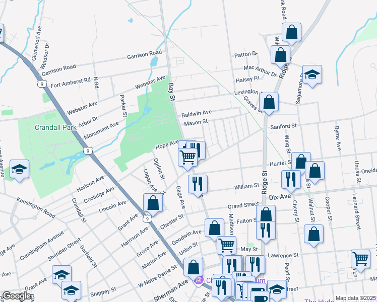 map of restaurants, bars, coffee shops, grocery stores, and more near 167 Bay St in Glens Falls