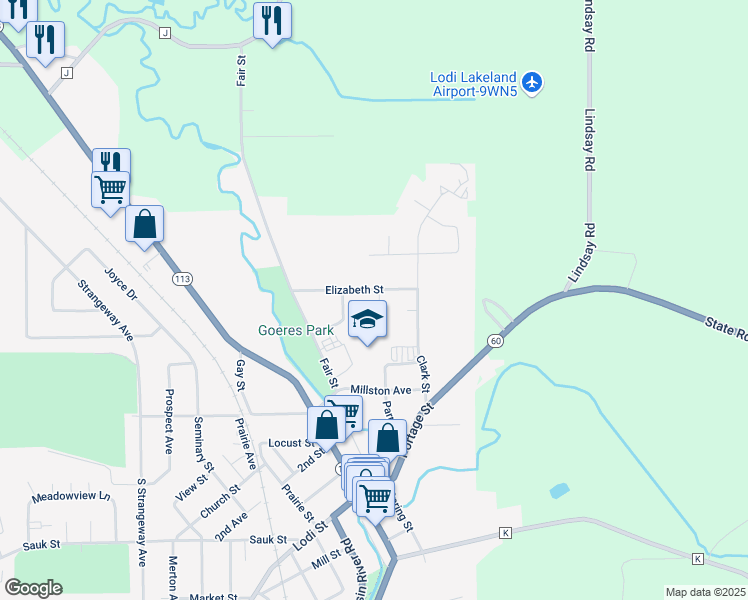map of restaurants, bars, coffee shops, grocery stores, and more near 322 Elizabeth Street in Lodi