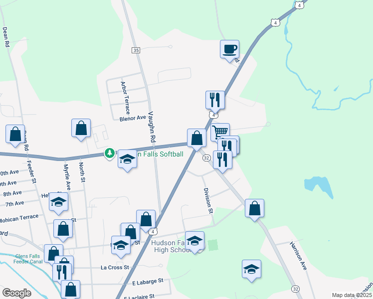 map of restaurants, bars, coffee shops, grocery stores, and more near 1262 Dix Avenue in Hudson Falls