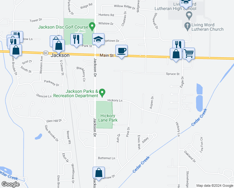 map of restaurants, bars, coffee shops, grocery stores, and more near W201N16589 Hemlock Street in Jackson