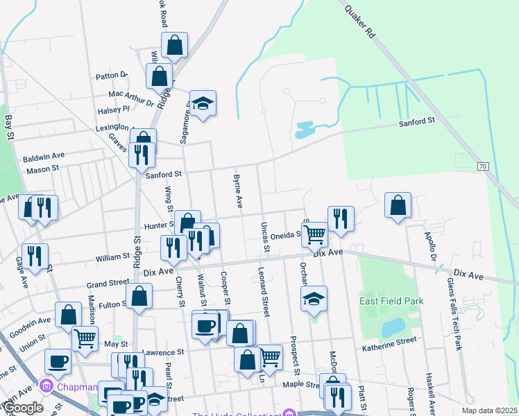 map of restaurants, bars, coffee shops, grocery stores, and more near 126 Hunter Street in Glens Falls