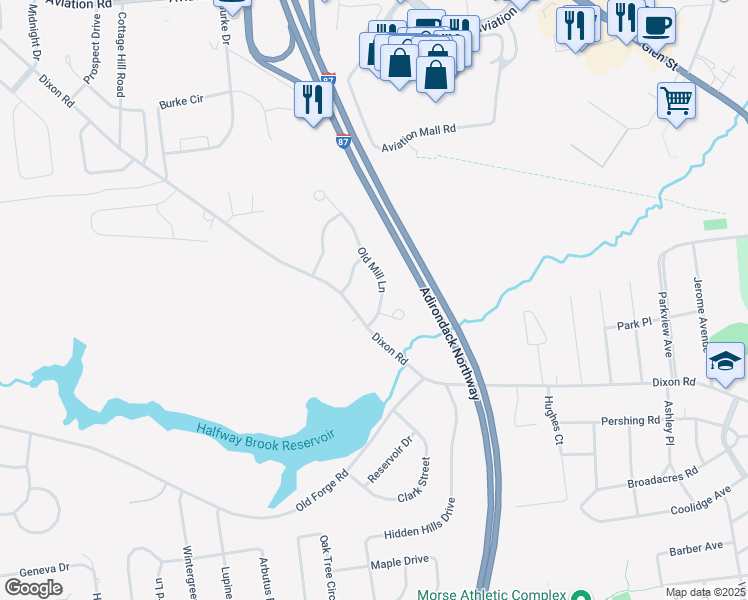 map of restaurants, bars, coffee shops, grocery stores, and more near 10 Old Mill Lane in Queensbury