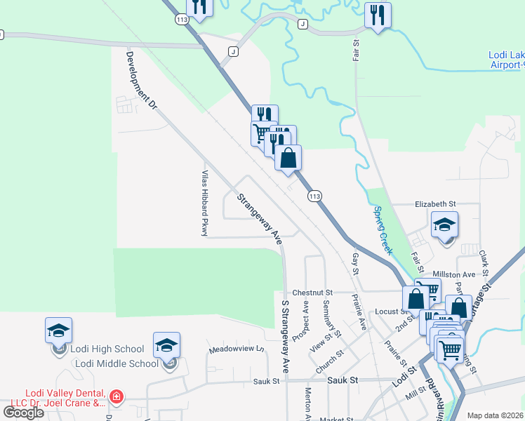 map of restaurants, bars, coffee shops, grocery stores, and more near 250 Strangeway Avenue in Lodi