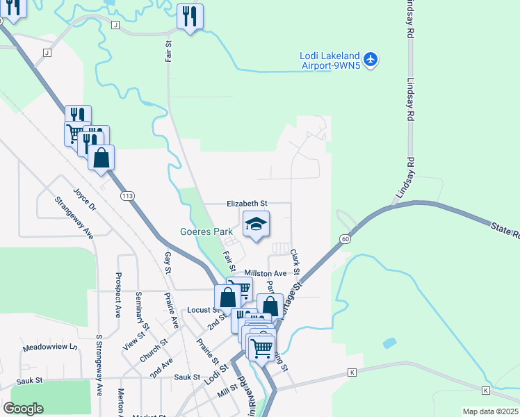map of restaurants, bars, coffee shops, grocery stores, and more near 322 Elizabeth Street in Lodi