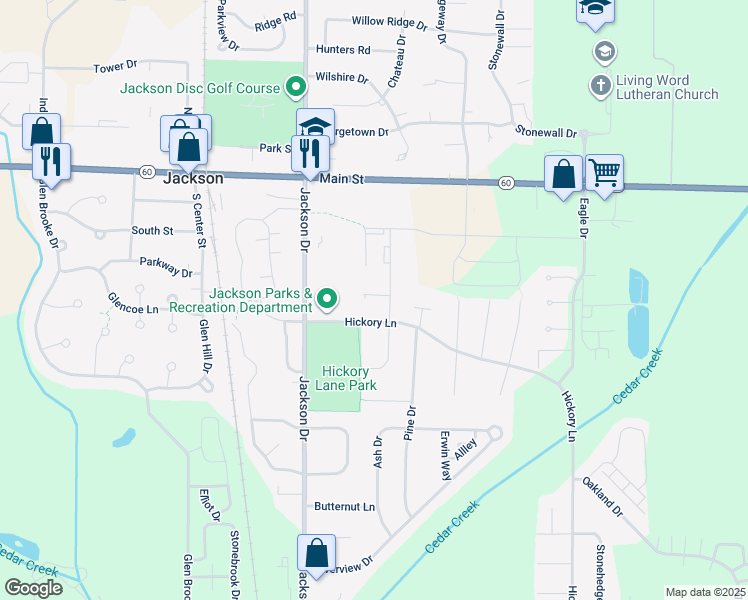 map of restaurants, bars, coffee shops, grocery stores, and more near W201N16589 Hemlock Street in Jackson