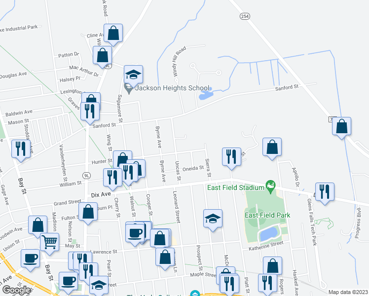 map of restaurants, bars, coffee shops, grocery stores, and more near 140 Hunter St in Glens Falls
