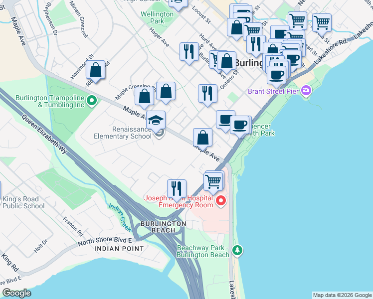 map of restaurants, bars, coffee shops, grocery stores, and more near 480 Maple Avenue in Burlington