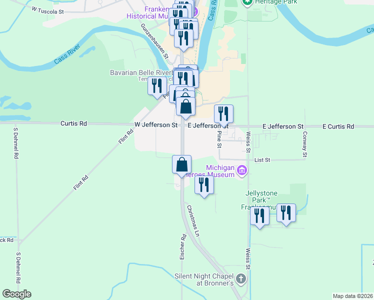 map of restaurants, bars, coffee shops, grocery stores, and more near 1060 Michigan 83 in Frankenmuth