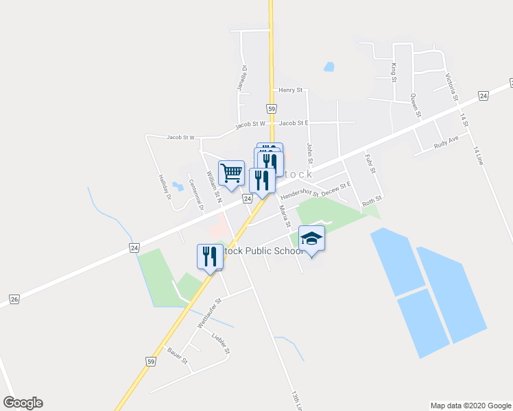map of restaurants, bars, coffee shops, grocery stores, and more near 40 Woodstock Street South in Tavistock