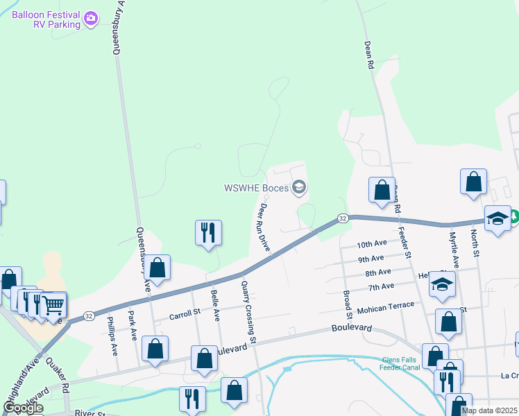 map of restaurants, bars, coffee shops, grocery stores, and more near 5 Deer Run Drive in Hudson Falls