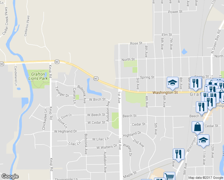 map of restaurants, bars, coffee shops, grocery stores, and more near 200 West Locust Street in Grafton