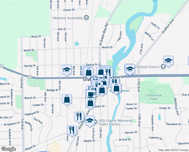 map of restaurants, bars, coffee shops, grocery stores, and more near 1106 Washington Street in Grafton